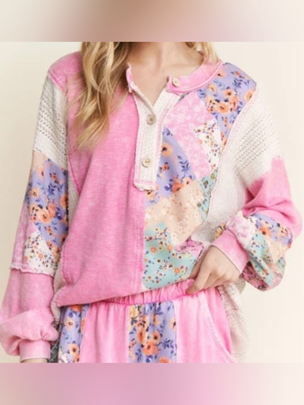 J. Her Bubble-gum pink floral waveknit jacquard boho top, oversized Large.  NWOT